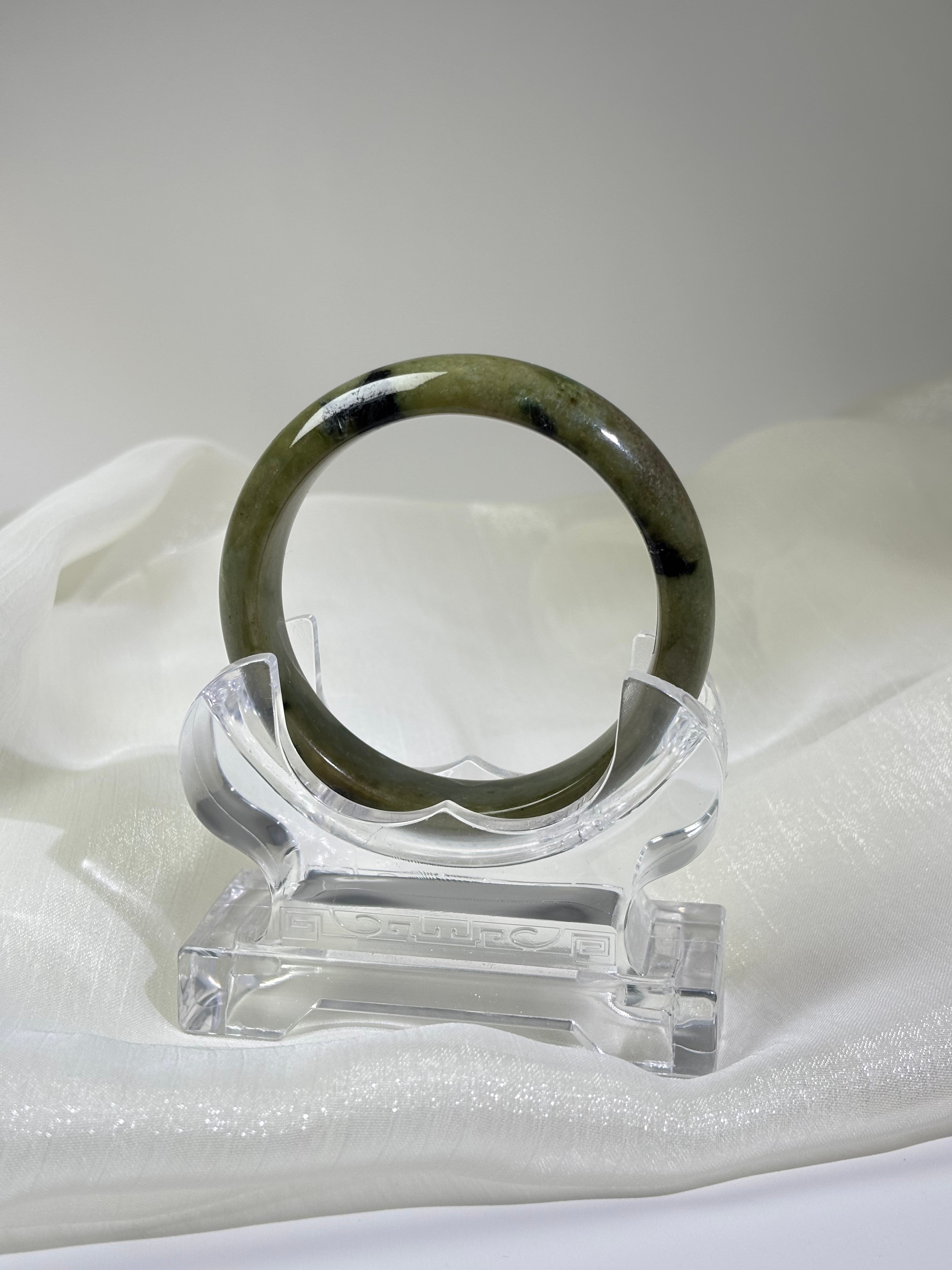 Natural Type A Jadeite Bangle, Fine Waxy Variety with Green and Yellow Accents, Inner Beveled Cut